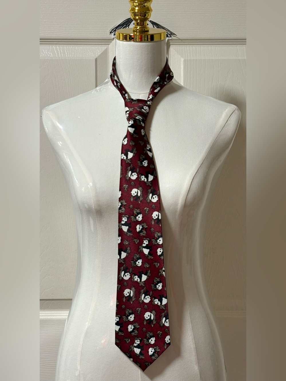 VTG 90s Rene Chagal Panda Bear Bamboo Authentic Myung Ju Silk Tie, Burgundy